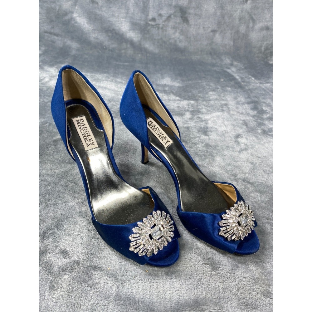 Badgley Mischka Heels Womens‎ 8M Blue Satin Rhinestone Formal Wedding Shoe Glam